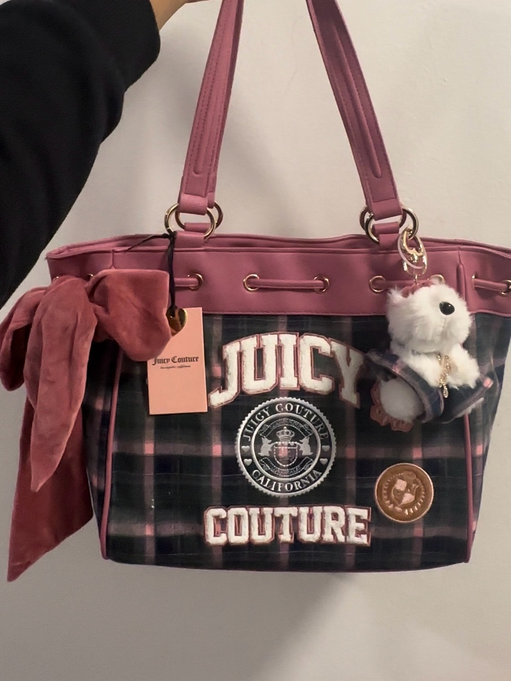 Juicy Couture Pink Plaid Tote with Bow and Plush Charm